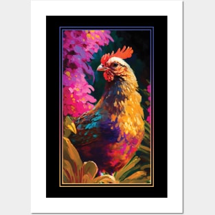 Chicken Rooster Vibrant Tropical Flower Tall Digital Oil Painting Portrait Posters and Art